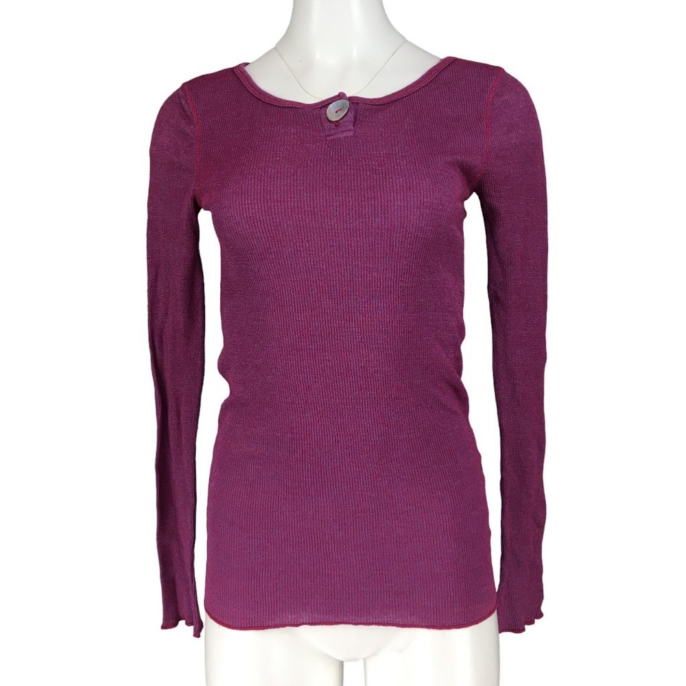 Michael Stars Knit Top Long Sleeve Tee Single Button Stretch Purple One Size